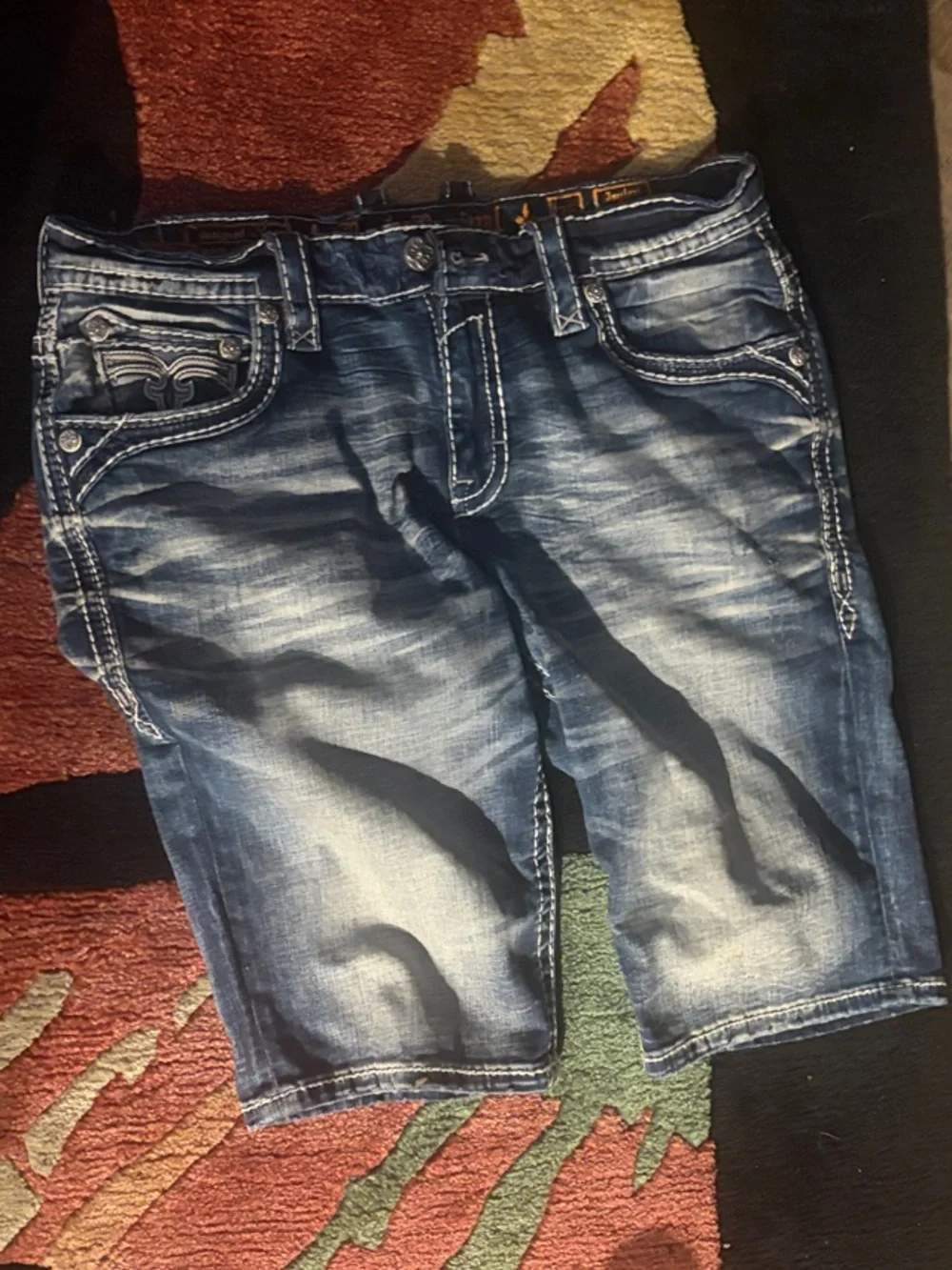 Rock Revival Men's Blue Distressed Jean Shorts with Embroidered Back Pockets